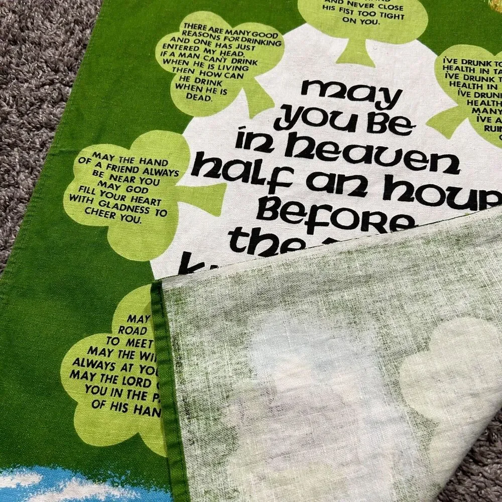Vintage Irish Linen Wall Banner Decoration 70s 80s Green Cotton Blend 18x27 in
